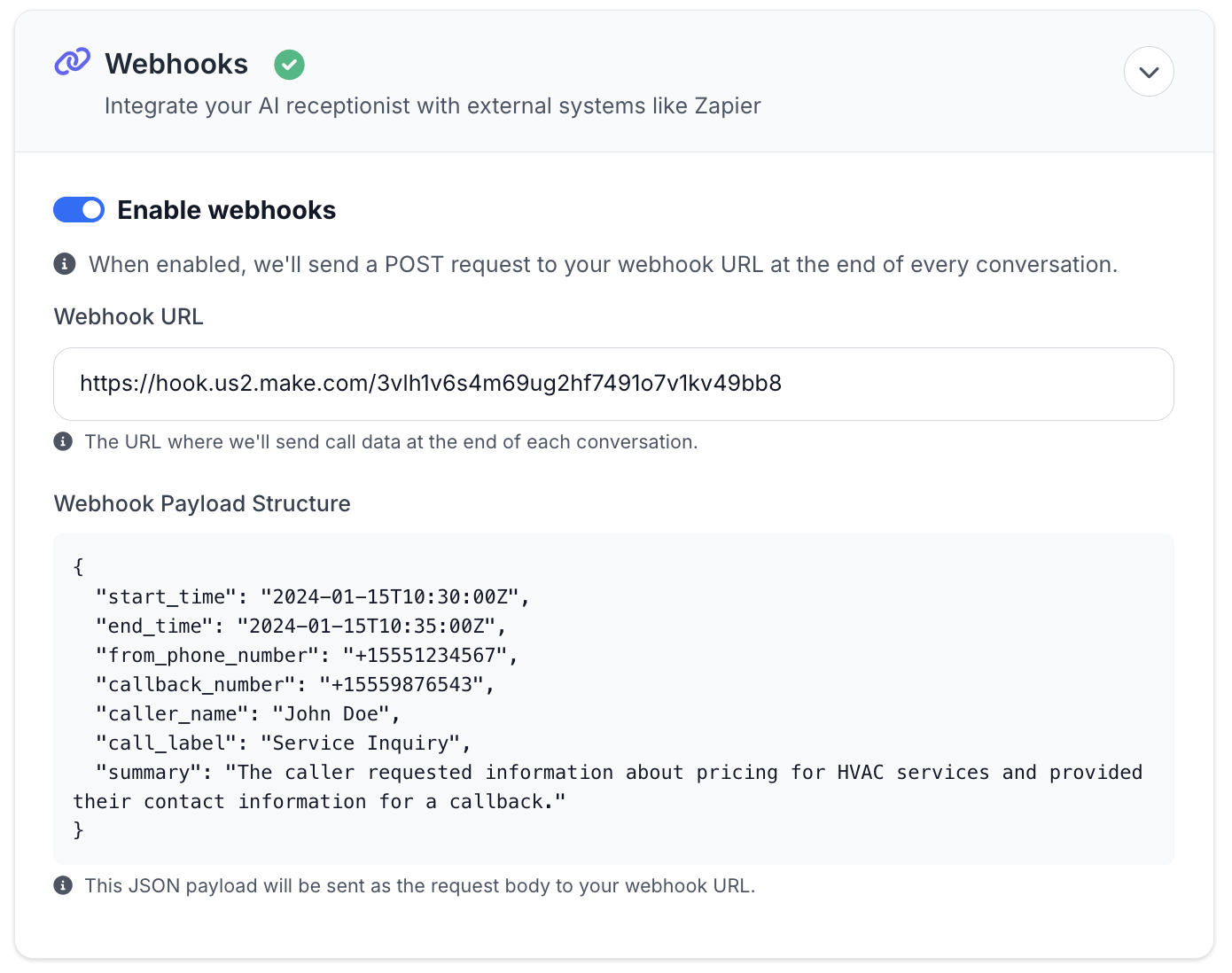 RingReady webhook setup interface showing the webhooks section in the agent configuration