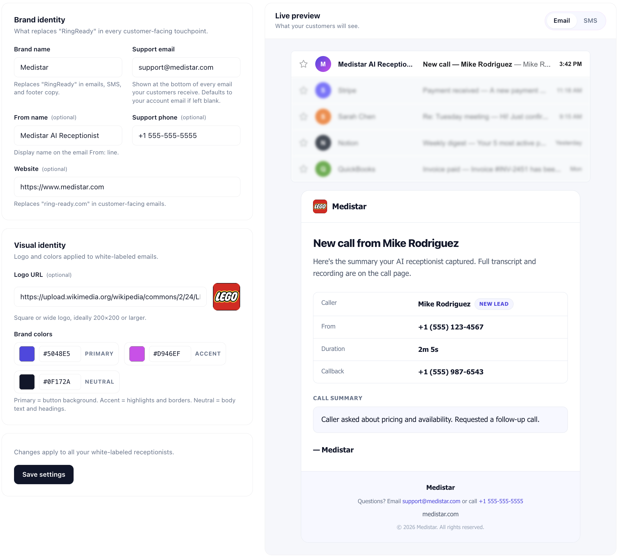 Reseller brand settings with live email and SMS preview