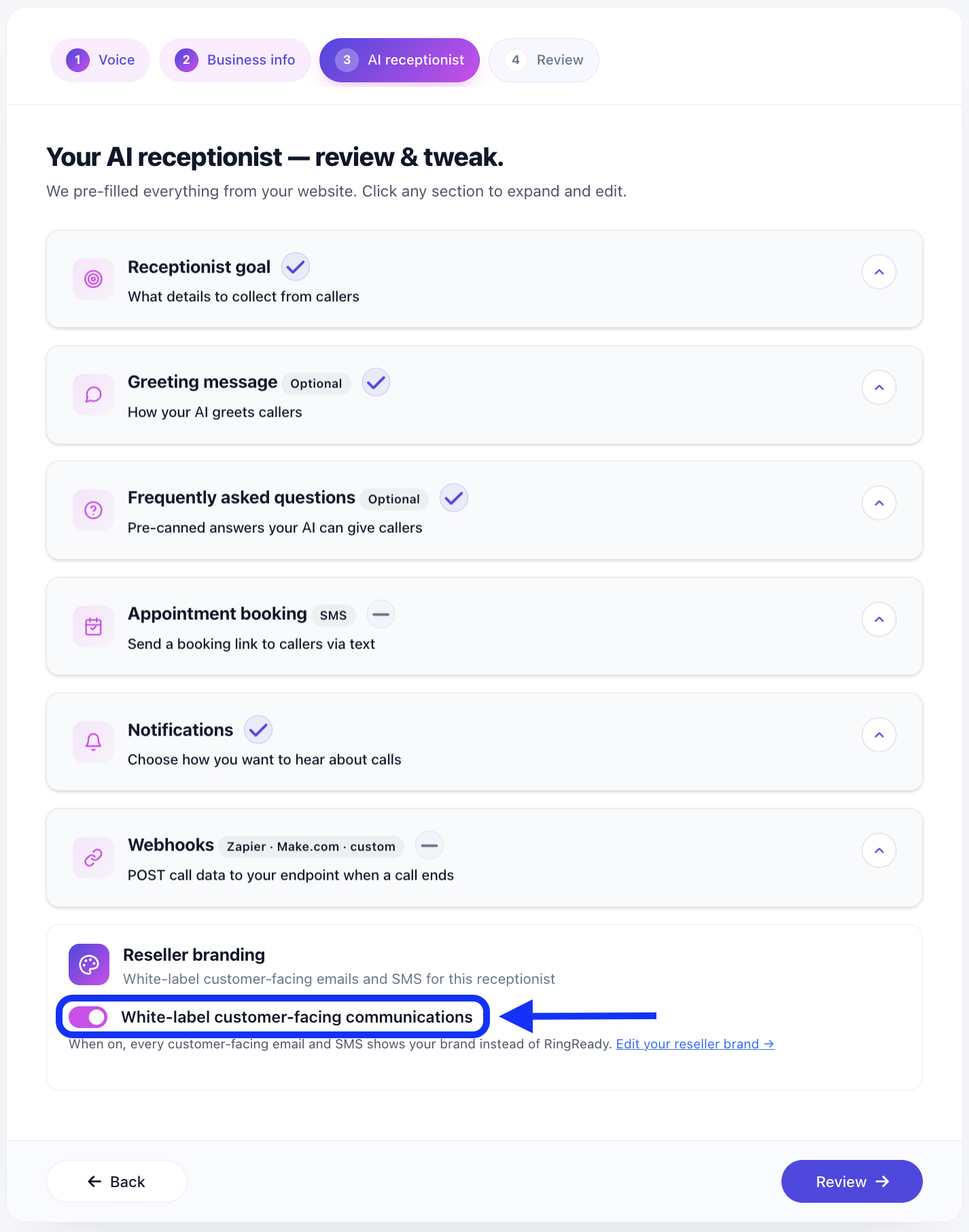 Agent setup wizard with the Reseller branding toggle highlighted